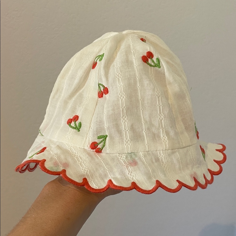 White Hat with Red Cherry Embroidery